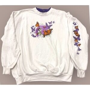 Vintage Artisans Butterfly Naturecore Sweatshirt White Floral Cottagecore XL‎